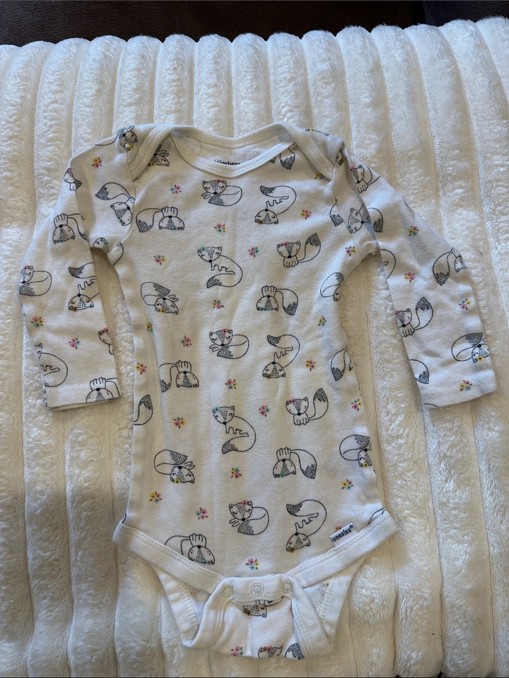 Gerber White Long-Sleeve Baby One-Piece with Fox Print